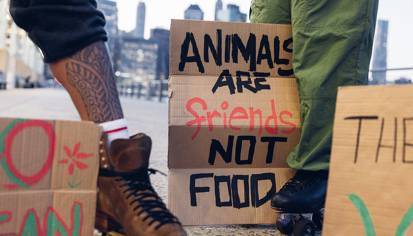 Animal Rights activists with signs on the floor